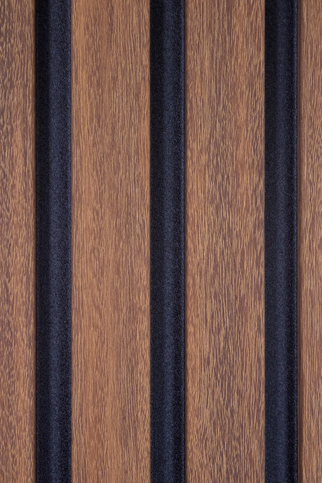 Teak Wood Slat Wall Panels with Black Accents – Stout Profile (94" & 106" Lengths)