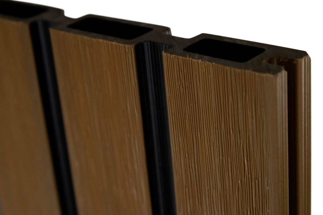 All-Weather WPC Composite Fence Slat Panel System - Weathered Teak With Black Accents