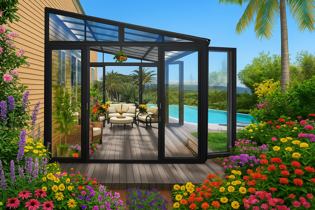 Tempered Glass Sunroom with Bi-Fold Doors Greenhouse Home Addition - Black (16.7' Wide)