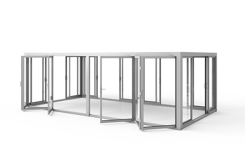 Cielo Cabana™ Grand Pavilion Luxury Glass Pergola with Dual Bi-Fold Walls & Louvered Roof – White 20×10 ft