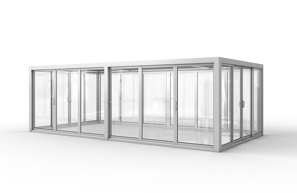 Cielo Cabana™ Grand Pavilion Luxury Glass Pergola with Dual Bi-Fold Walls & Louvered Roof – White 20×10 ft
