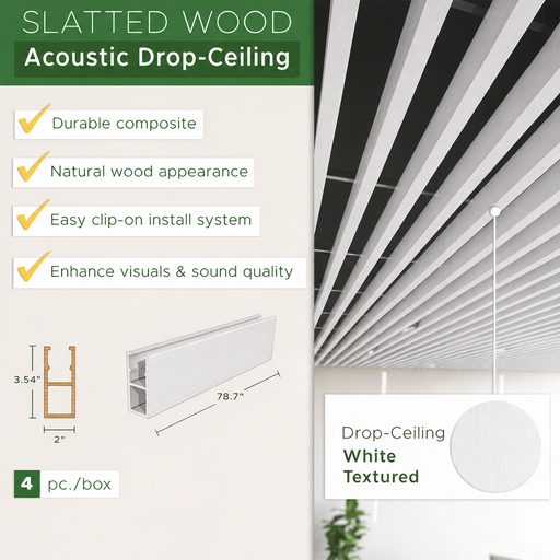 White - Suspended Slatted Wood Ceiling System infographic
