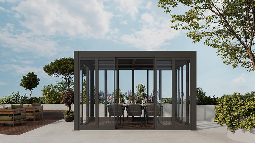 Cielo Cabana™ Luxury Louvered Roof Glass Pergola – Black 10×13 ft - Available Now - Ready to Ship