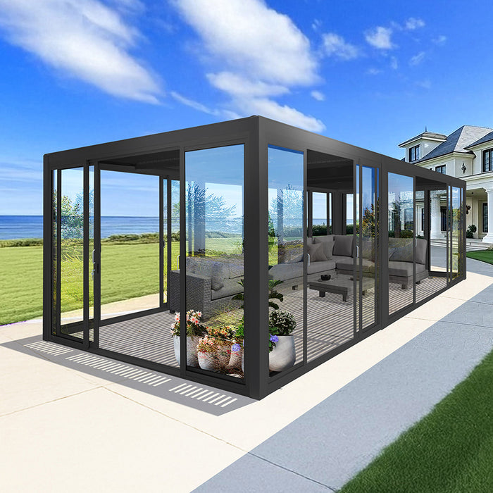 Cielo Cabana™ Luxury Louvered Roof Glass Pergola – Black 20×10 ft