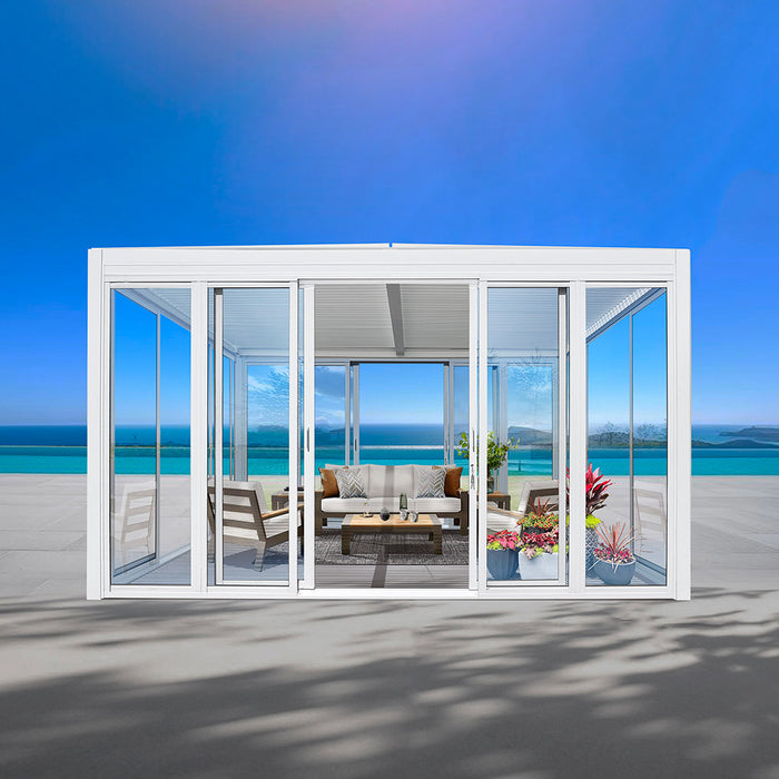 Cielo Cabana™ Luxury Louvered Roof Glass Pergola – White 10×13 ft