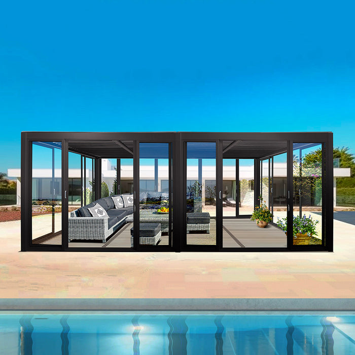 Cielo Cabana™ Luxury Louvered Roof Glass Pergola – Black 20×10 ft