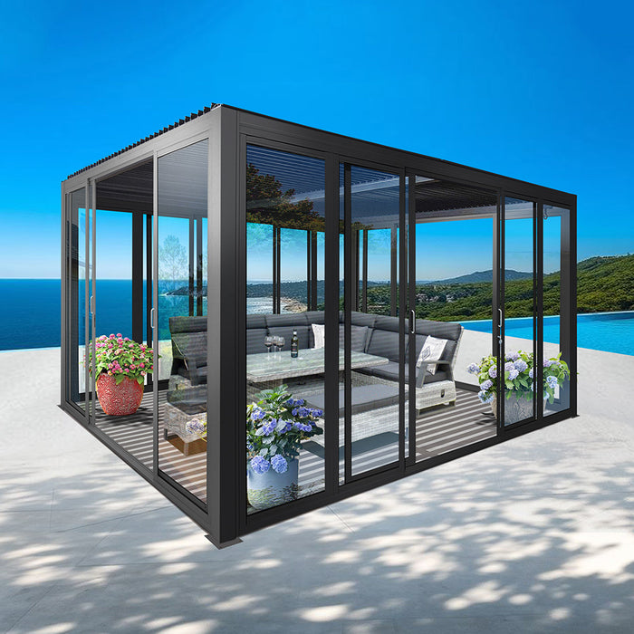 Cielo Cabana™ Luxury Louvered Roof Glass Pergola – Black 10×13 ft