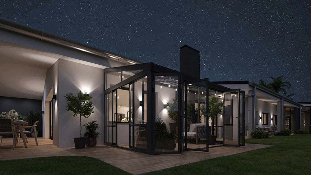 Tempered Glass Sunroom with Bi-Fold Doors Greenhouse Home Addition - Black (16.7' Wide)
