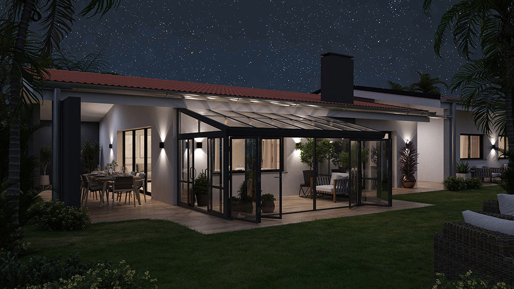 Tempered Glass Sunroom with Bi-Fold Doors Greenhouse Home Addition - Black (16.7' Wide)