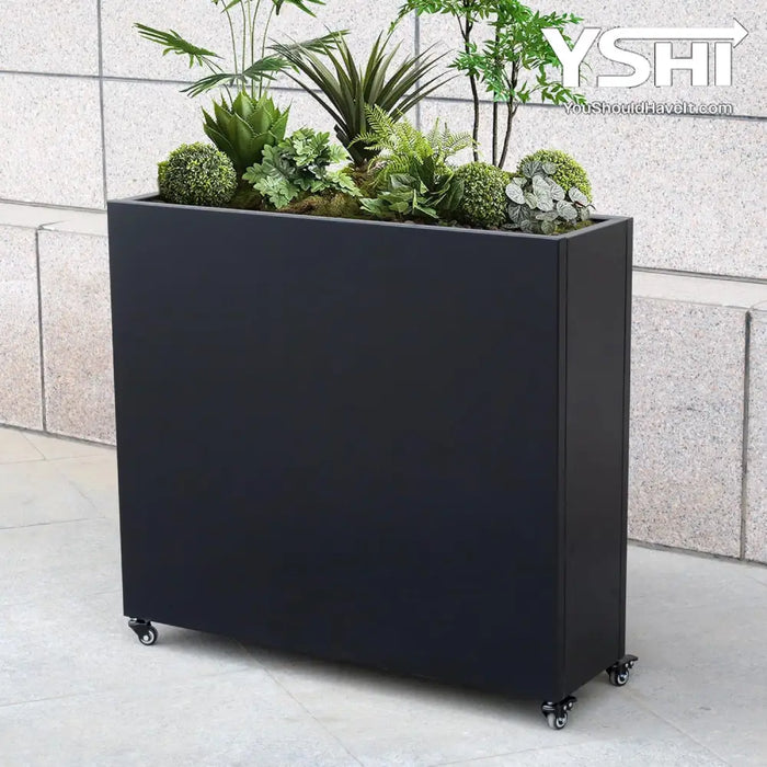 tall indoor planter boxes Black Metal Planter Box with Wheels – Indoor/Outdoor Divider 40” x 36” x 12”