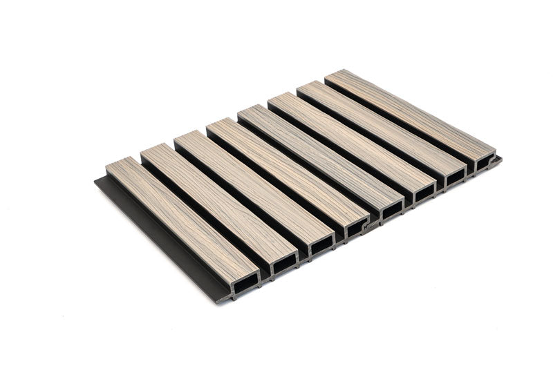 Seaside Oak Composite Slat Wall Panels Embossed Wood Grain Finish With Black Accents