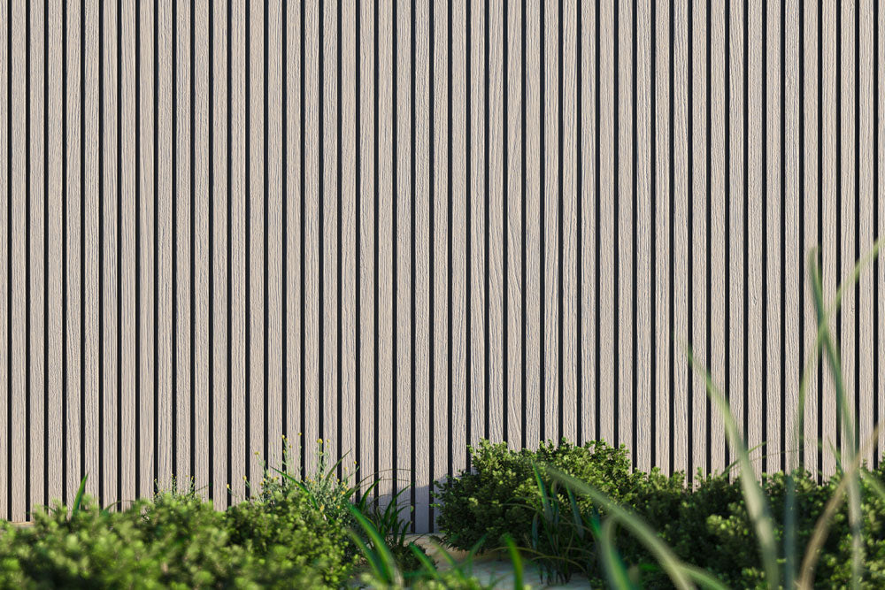 Seaside Oak Composite Slat Wall Panels Embossed Wood Grain Finish With Black Accents