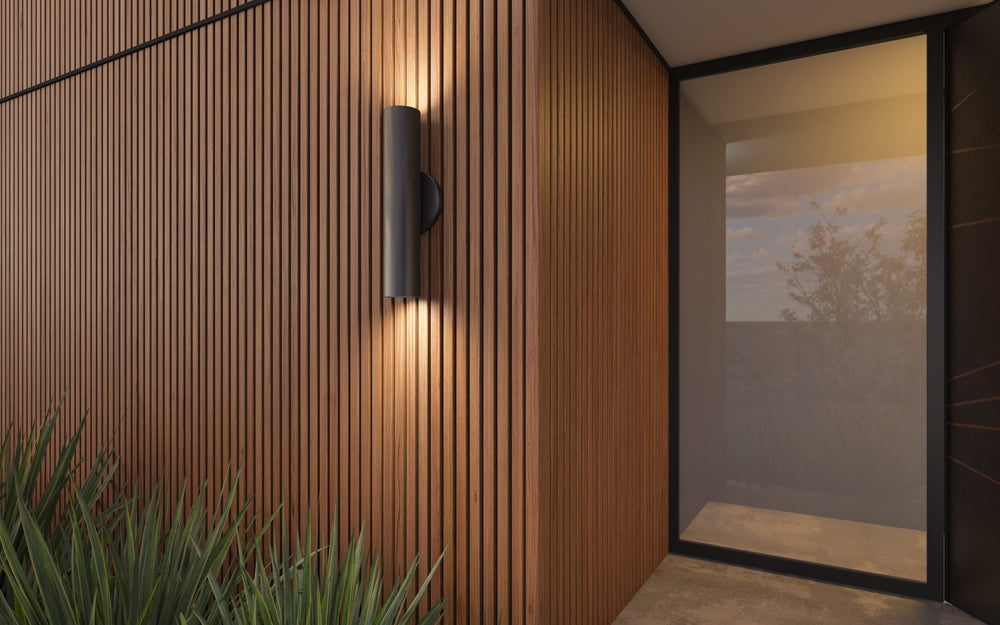 Weathered Teak Composite Slat Wall Panels on entrance