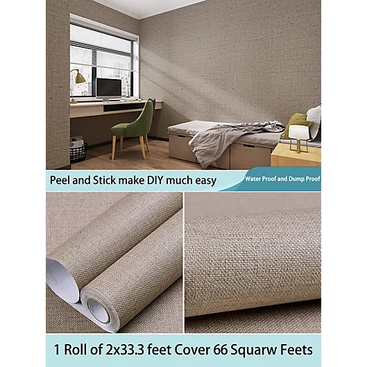 Brown Linen Texture Vinyl Self-Adhesive Peel and Stick Wallpaper Roll, 2 x 33ft /Roll